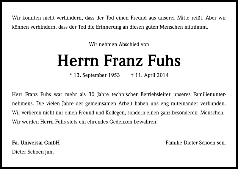  Traueranzeige für Franz Fuhs vom 19.04.2014 aus Kölner Stadt-Anzeiger / Kölnische Rundschau / Express
