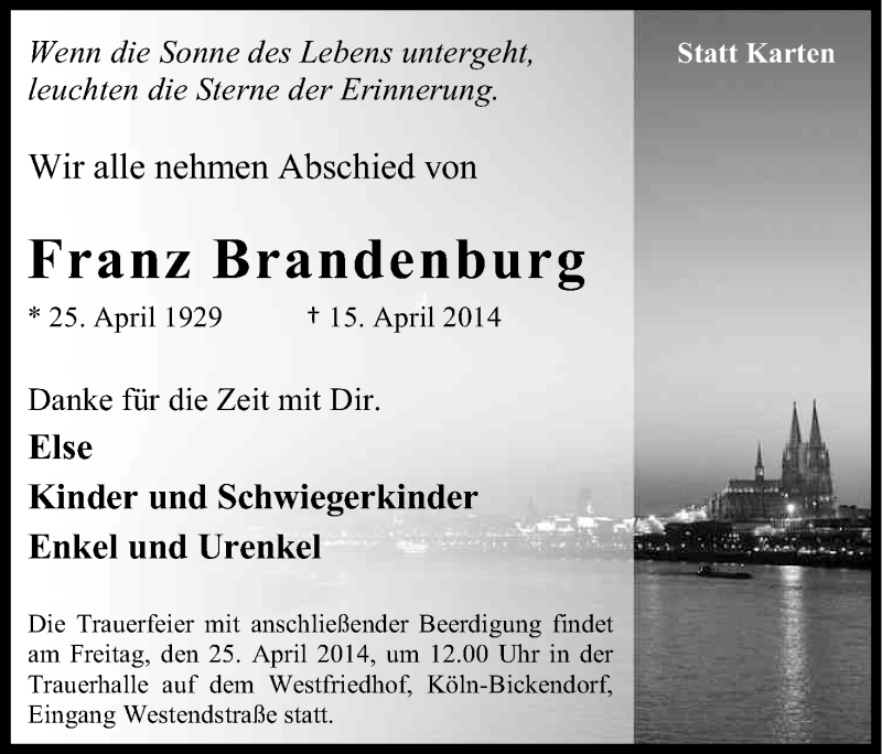  Traueranzeige für Franz Brandenburg vom 19.04.2014 aus Kölner Stadt-Anzeiger / Kölnische Rundschau / Express