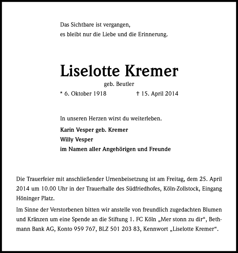  Traueranzeige für Lieselotte Kremer vom 19.04.2014 aus Kölner Stadt-Anzeiger / Kölnische Rundschau / Express