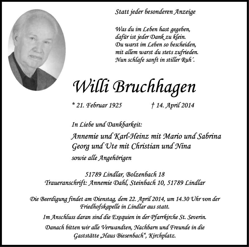  Traueranzeige für Willi Bruchhagen vom 19.04.2014 aus Kölner Stadt-Anzeiger / Kölnische Rundschau / Express