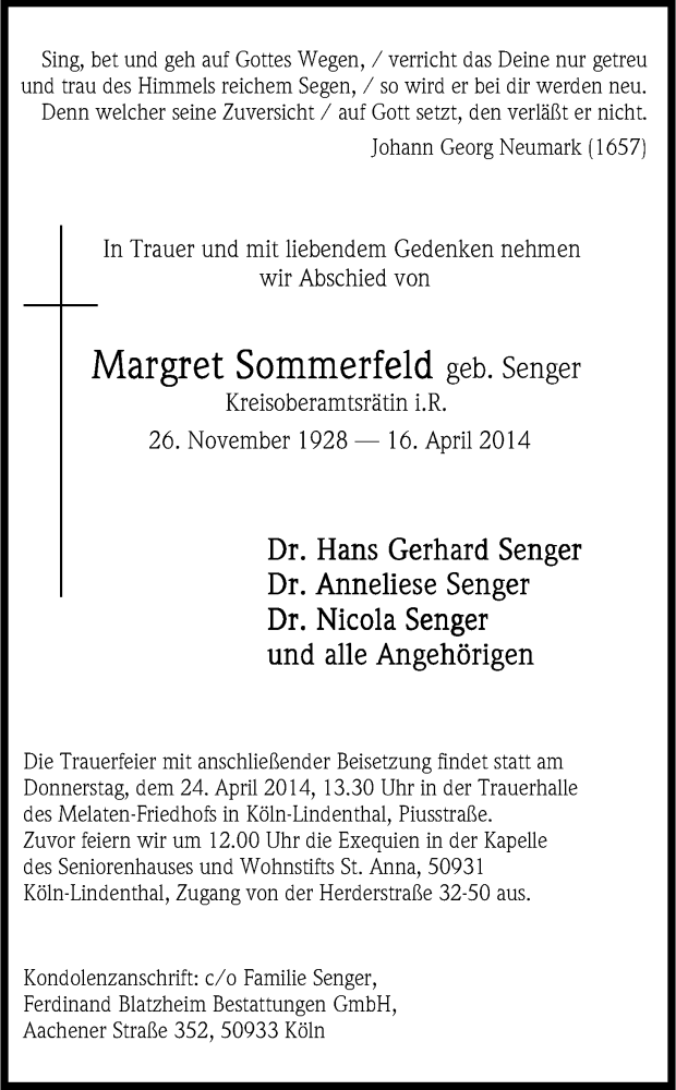  Traueranzeige für Margret Sommerfeld vom 23.04.2014 aus Kölner Stadt-Anzeiger / Kölnische Rundschau / Express