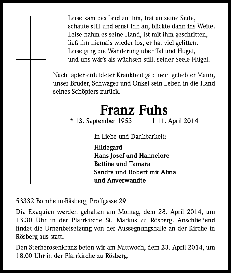  Traueranzeige für Franz Fuhs vom 23.04.2014 aus Kölner Stadt-Anzeiger / Kölnische Rundschau / Express