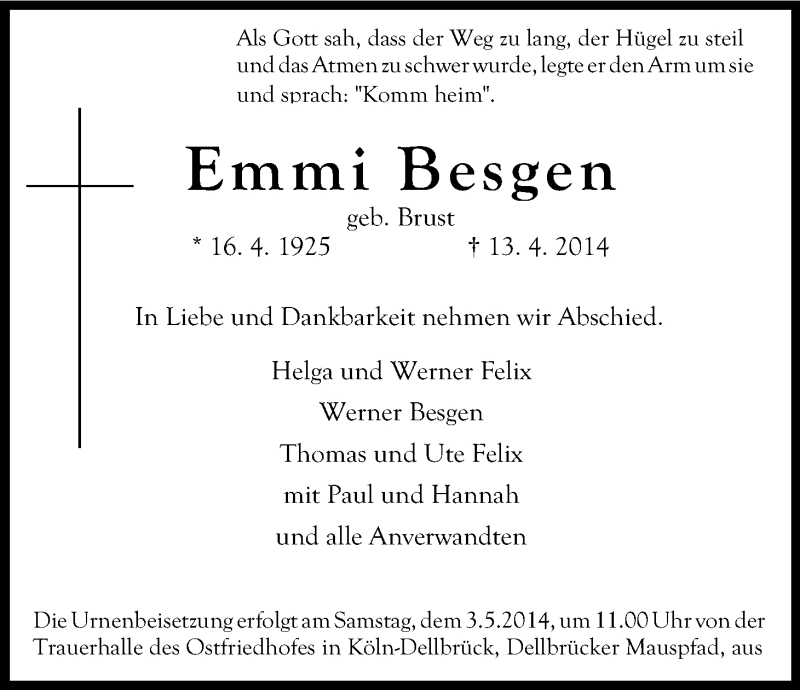  Traueranzeige für Emmi Besgen vom 25.04.2014 aus Kölner Stadt-Anzeiger / Kölnische Rundschau / Express