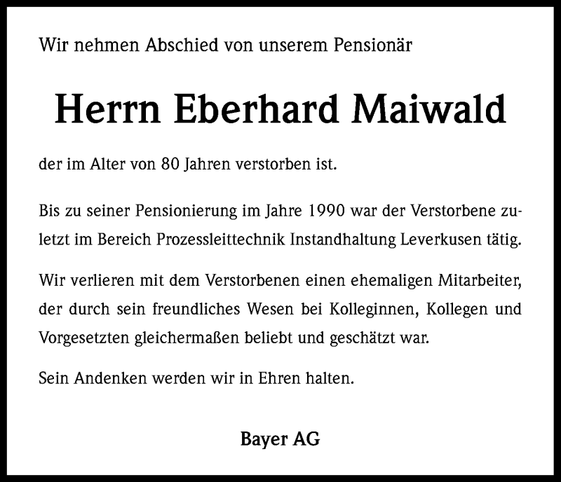  Traueranzeige für Eberhard Maiwald vom 25.04.2014 aus Kölner Stadt-Anzeiger / Kölnische Rundschau / Express