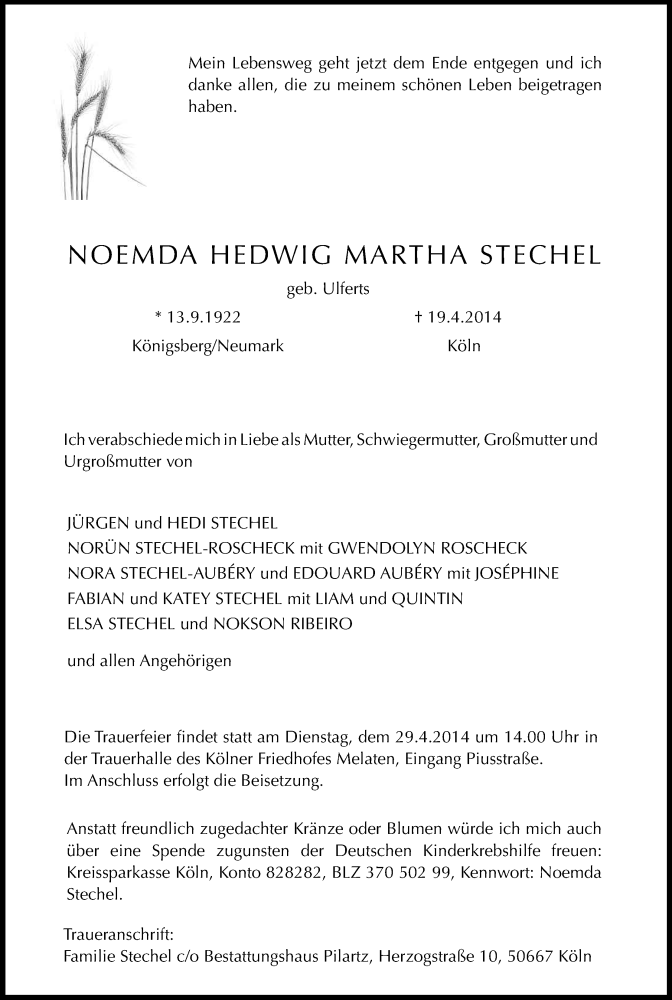  Traueranzeige für Noemda Hedwig Martha Stechel vom 25.04.2014 aus Kölner Stadt-Anzeiger / Kölnische Rundschau / Express