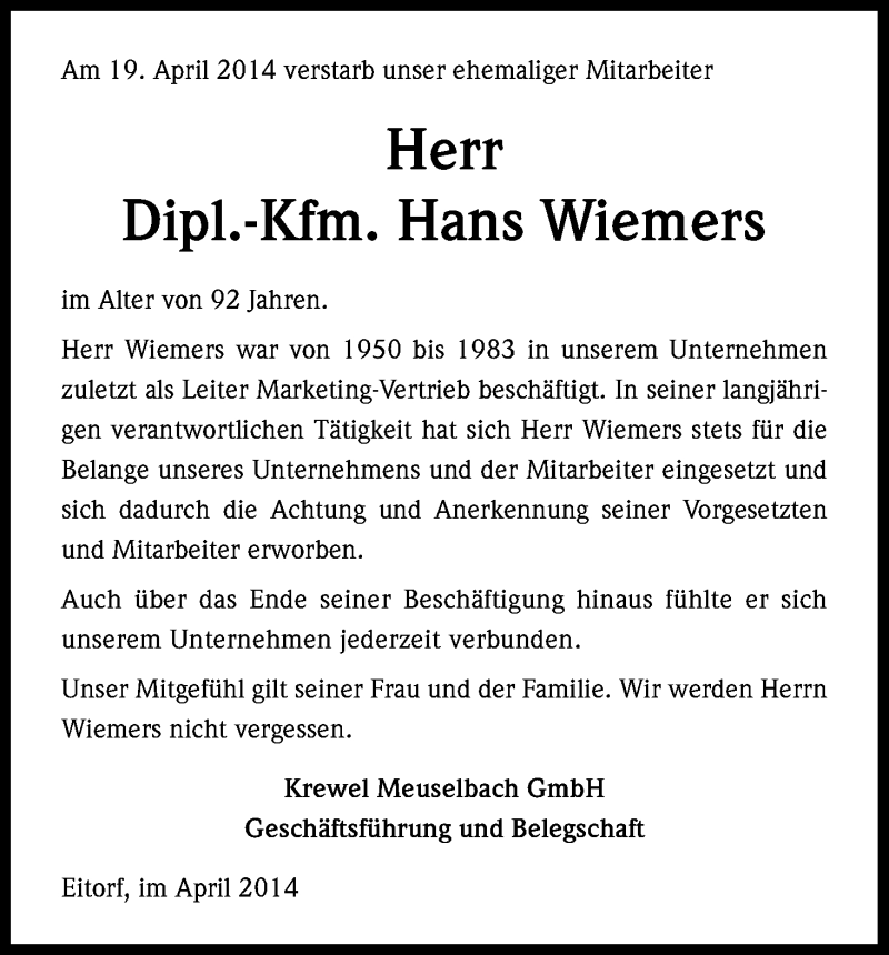  Traueranzeige für Hans Wiemers vom 25.04.2014 aus Kölner Stadt-Anzeiger / Kölnische Rundschau / Express