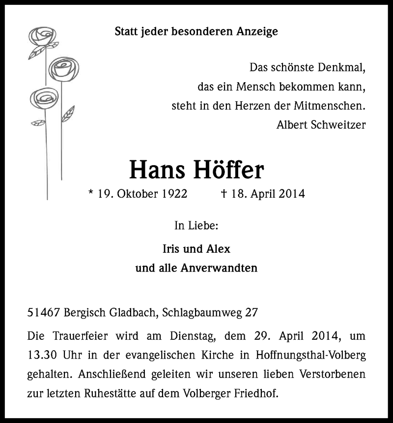 Traueranzeige für Hans Höffer vom 25.04.2014 aus Kölner Stadt-Anzeiger / Kölnische Rundschau / Express