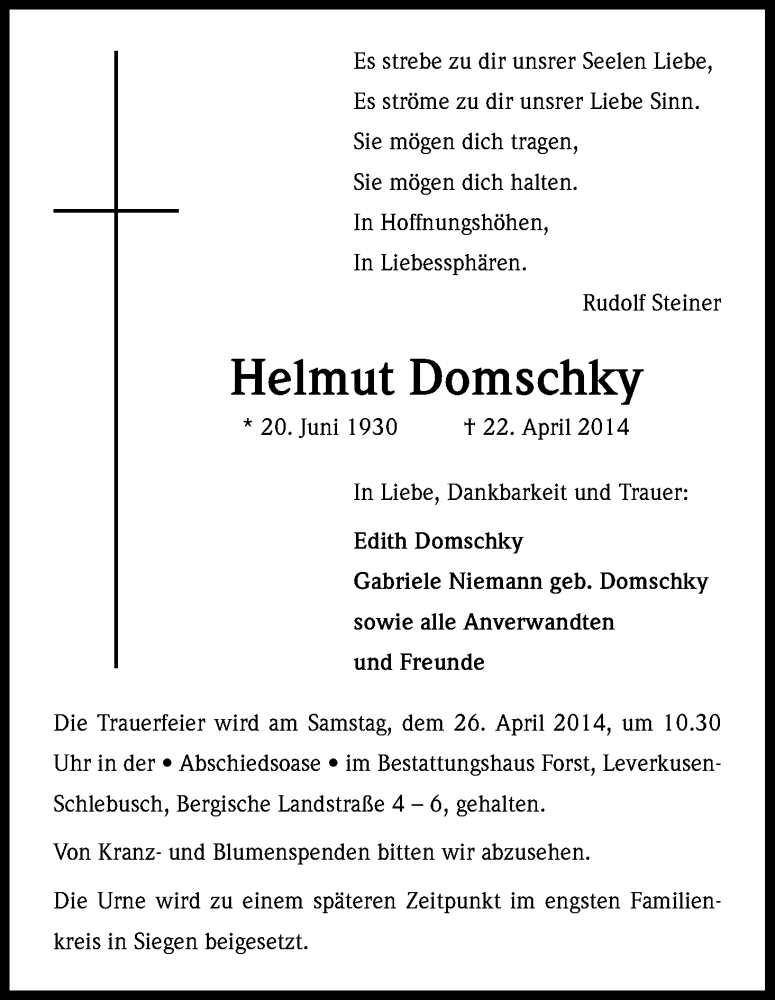  Traueranzeige für Helmut Domschky vom 25.04.2014 aus Kölner Stadt-Anzeiger / Kölnische Rundschau / Express