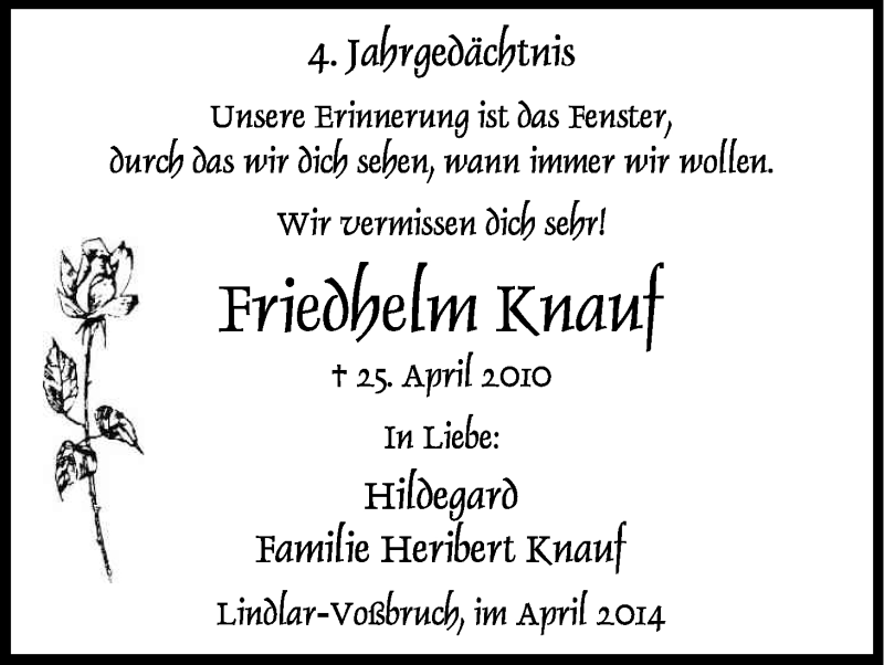  Traueranzeige für Friedhelm Knauf vom 25.04.2014 aus Kölner Stadt-Anzeiger / Kölnische Rundschau / Express