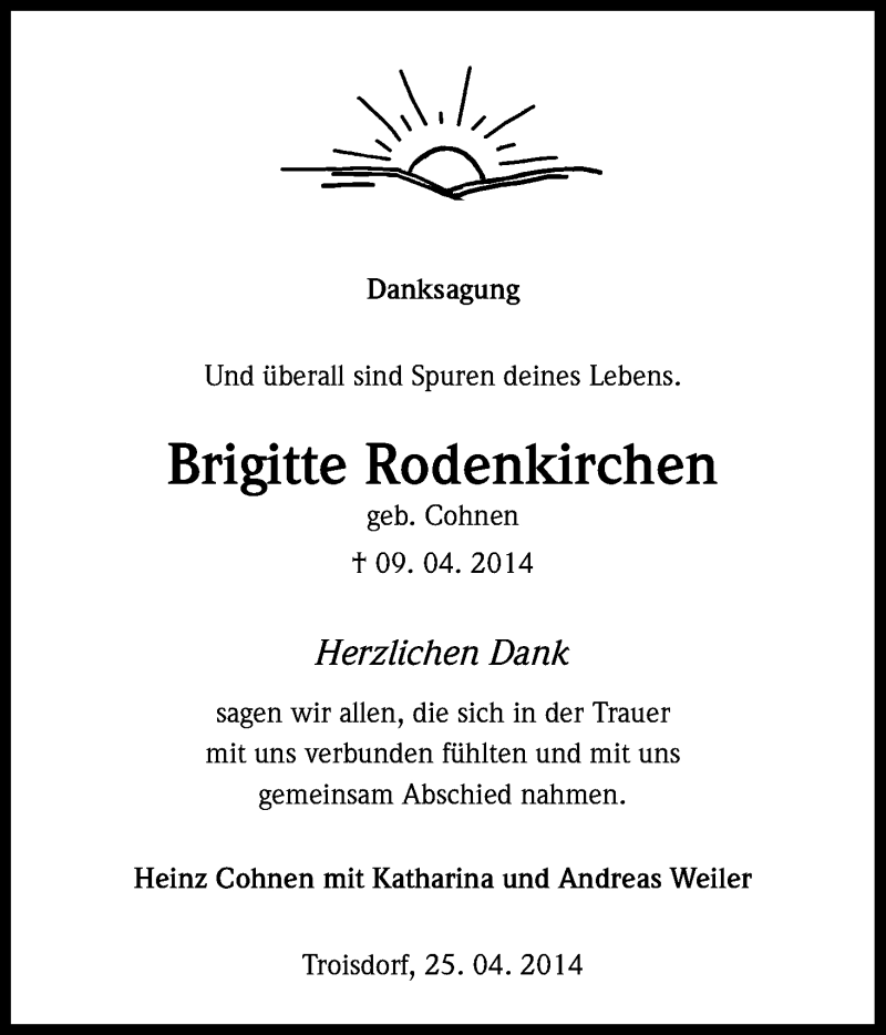  Traueranzeige für Brigitte Rodenkirchen vom 25.04.2014 aus Kölner Stadt-Anzeiger / Kölnische Rundschau / Express