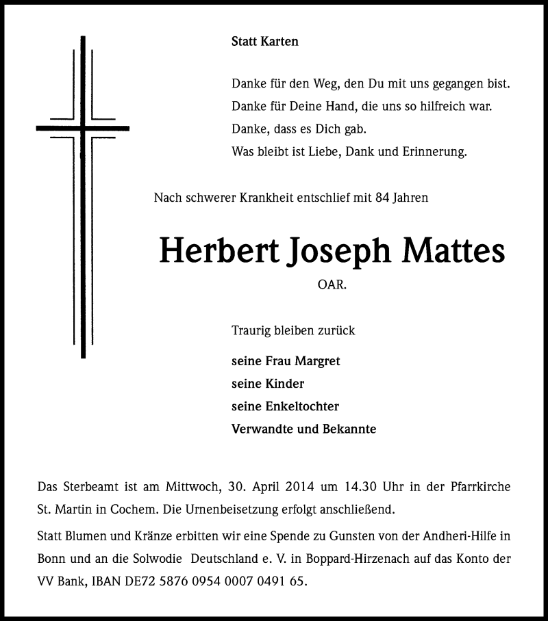  Traueranzeige für Herbert Joseph Mattes vom 25.04.2014 aus Kölner Stadt-Anzeiger / Kölnische Rundschau / Express