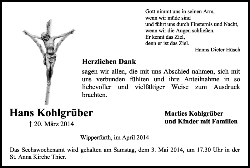  Traueranzeige für Hans  Kohlgrüber vom 25.04.2014 aus Kölner Stadt-Anzeiger / Kölnische Rundschau / Express