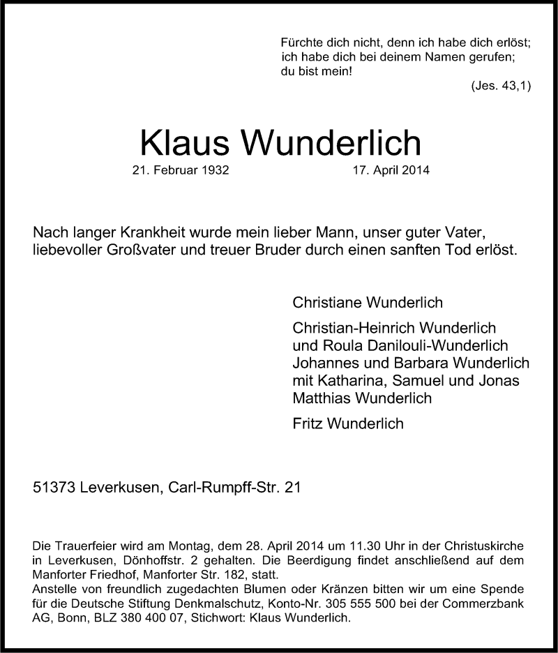  Traueranzeige für Klaus Wunderlich vom 25.04.2014 aus Kölner Stadt-Anzeiger / Kölnische Rundschau / Express