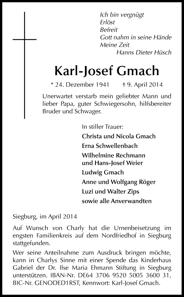  Traueranzeige für Karl-Josef Gmach vom 25.04.2014 aus Kölner Stadt-Anzeiger / Kölnische Rundschau / Express
