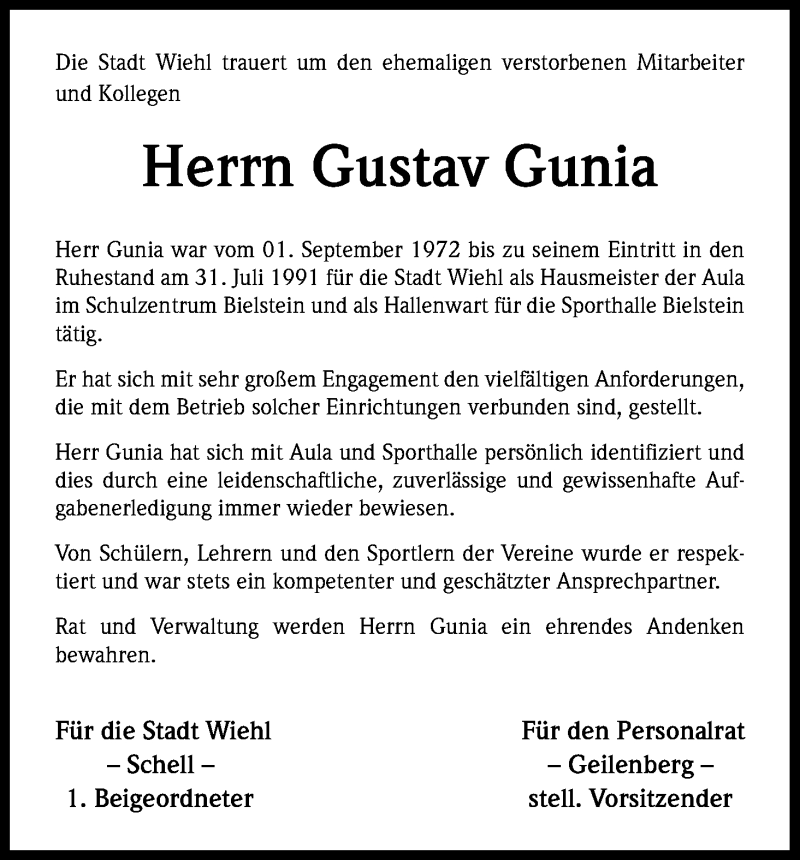  Traueranzeige für Gustav Gunia vom 25.04.2014 aus Kölner Stadt-Anzeiger / Kölnische Rundschau / Express