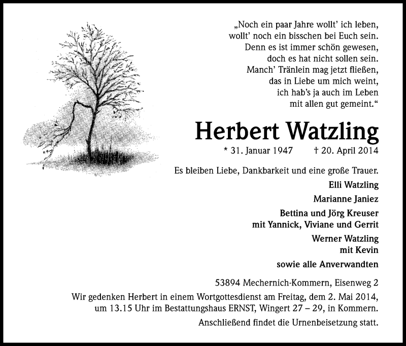  Traueranzeige für Herbert Watzling vom 28.04.2014 aus Kölner Stadt-Anzeiger / Kölnische Rundschau / Express