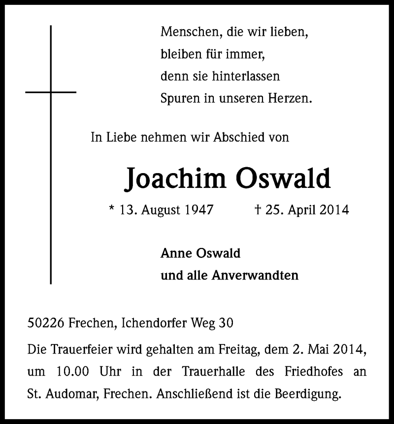  Traueranzeige für Joachim Oswald vom 29.04.2014 aus Kölner Stadt-Anzeiger / Kölnische Rundschau / Express