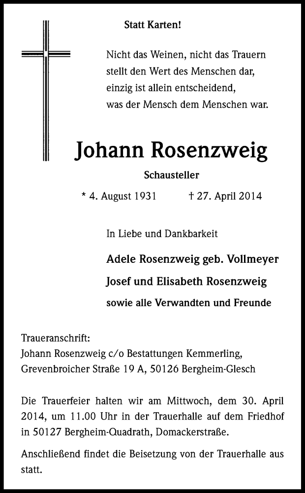  Traueranzeige für Johann Rosenzweig vom 29.04.2014 aus Kölner Stadt-Anzeiger / Kölnische Rundschau / Express