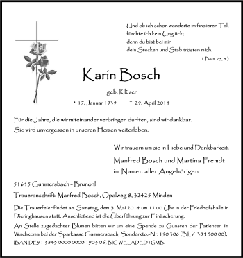 Anzeige von Karin Bosch von Kölner Stadt-Anzeiger / Kölnische Rundschau / Express
