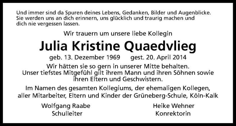  Traueranzeige für Julia Kristine Quaedvlieg vom 03.05.2014 aus Kölner Stadt-Anzeiger / Kölnische Rundschau / Express