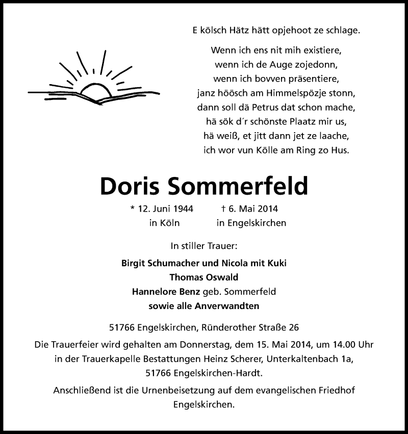  Traueranzeige für Doris Sommerfeld vom 10.05.2014 aus Kölner Stadt-Anzeiger / Kölnische Rundschau / Express