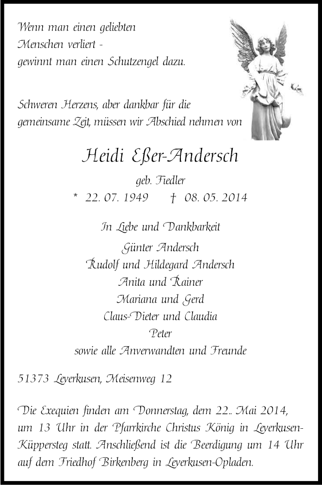  Traueranzeige für Heidi Eßer- Andersch vom 14.05.2014 aus Kölner Stadt-Anzeiger / Kölnische Rundschau / Express