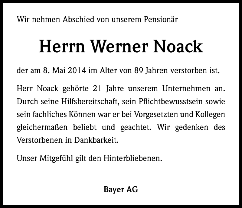  Traueranzeige für Werner Noack vom 14.05.2014 aus Kölner Stadt-Anzeiger / Kölnische Rundschau / Express