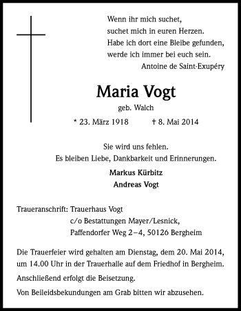 Anzeige von Maria Vogt von Kölner Stadt-Anzeiger / Kölnische Rundschau / Express