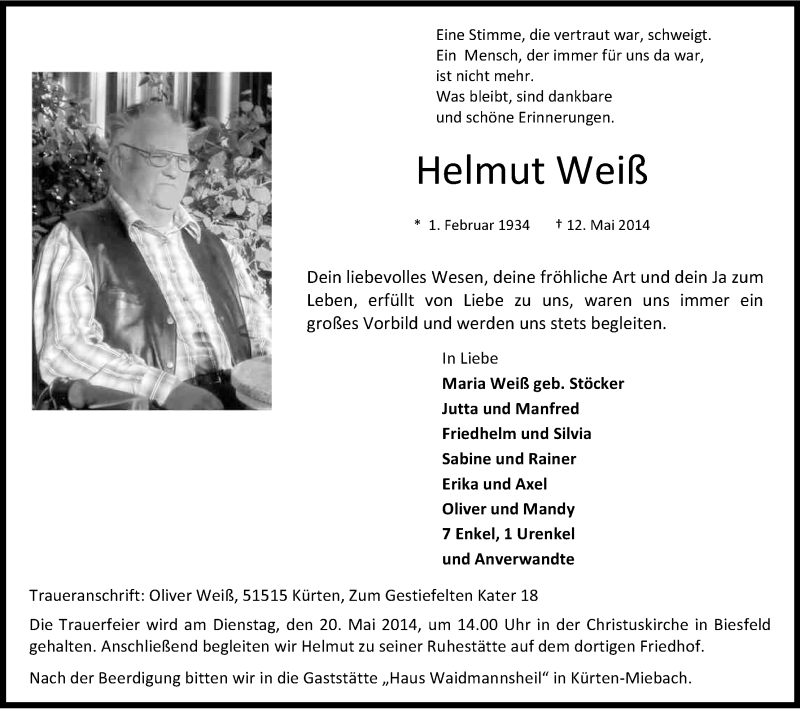  Traueranzeige für Helmut Weiß vom 17.05.2014 aus Kölner Stadt-Anzeiger / Kölnische Rundschau / Express