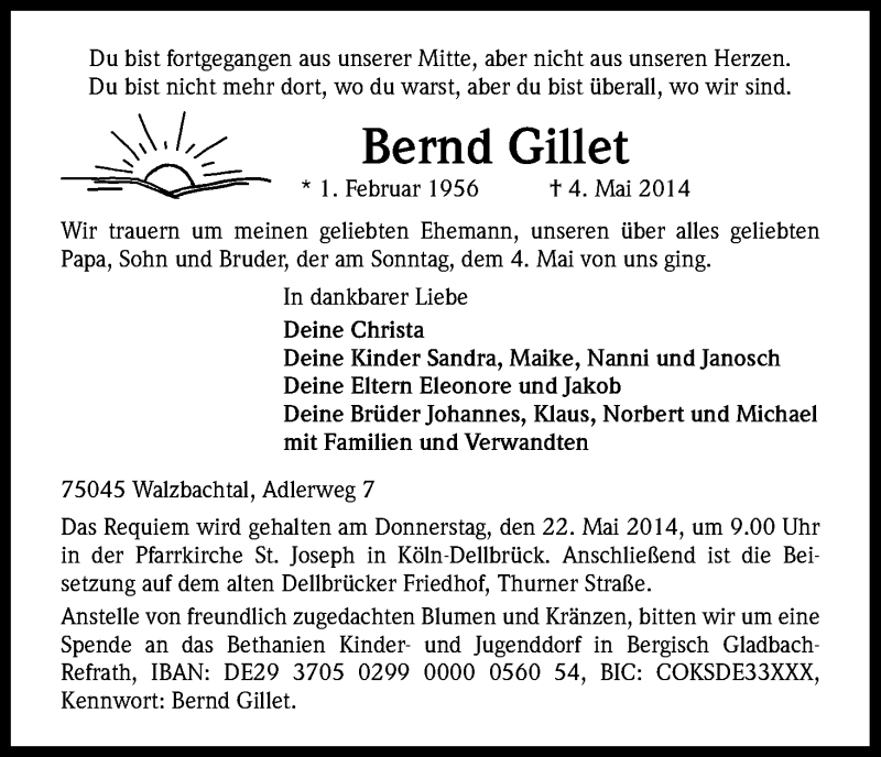  Traueranzeige für Bernd Gillet vom 17.05.2014 aus Kölner Stadt-Anzeiger / Kölnische Rundschau / Express