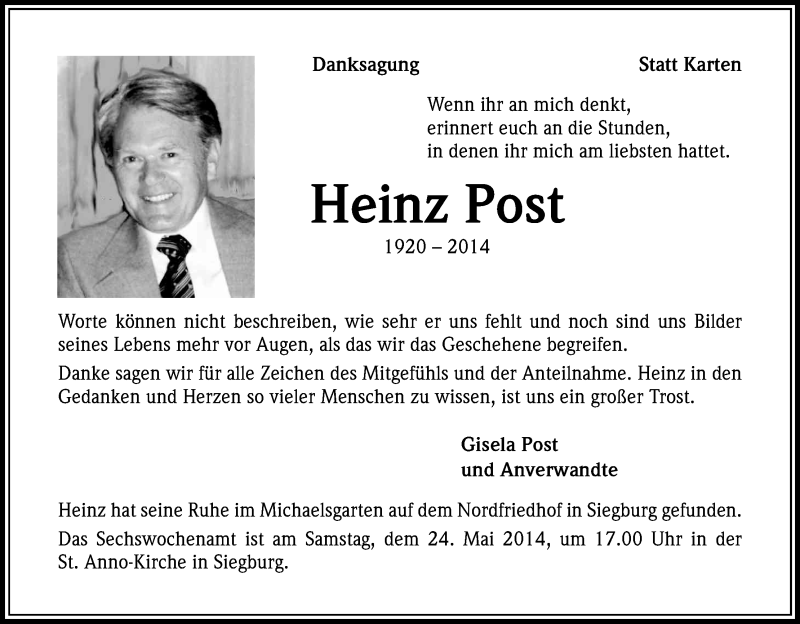 Traueranzeige für Heinz Post vom 17.05.2014 aus Kölner Stadt-Anzeiger / Kölnische Rundschau / Express