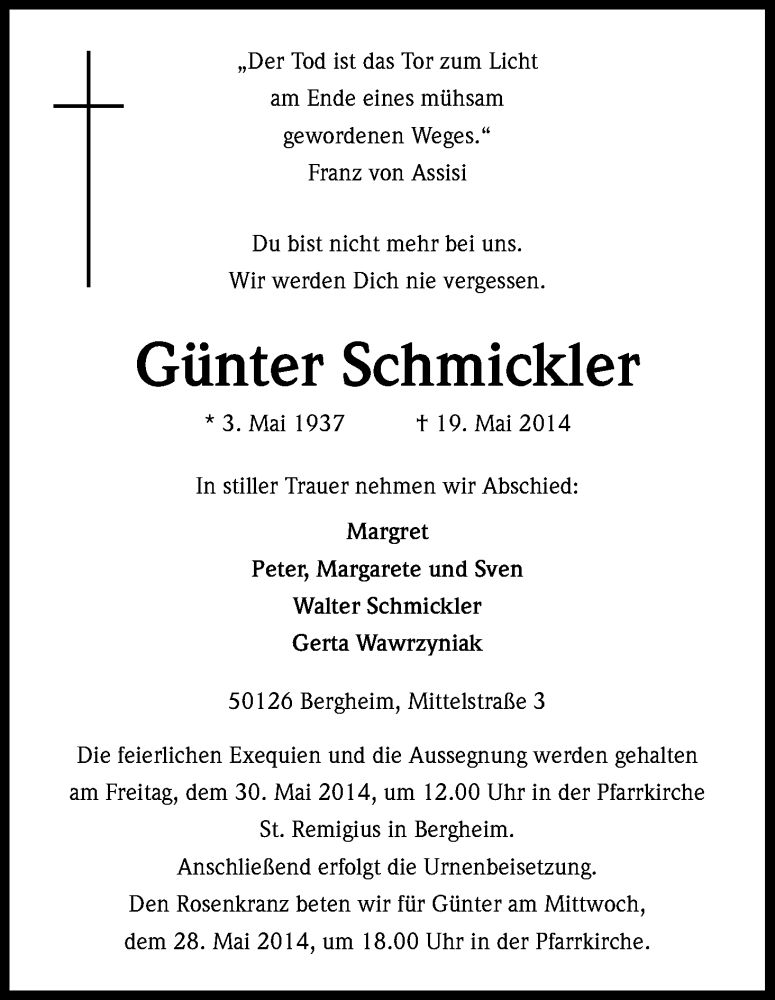  Traueranzeige für Günter Schmickler vom 24.05.2014 aus Kölner Stadt-Anzeiger / Kölnische Rundschau / Express