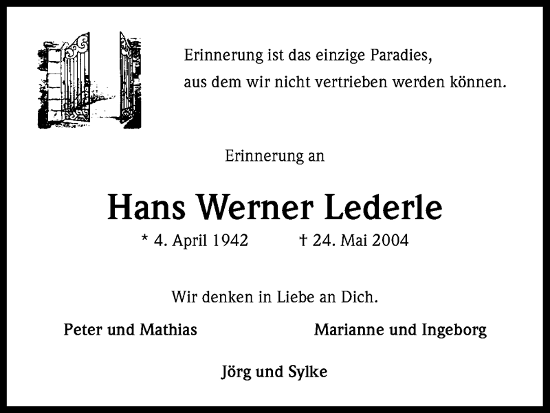  Traueranzeige für Hans Werner Lederle vom 24.05.2014 aus Kölner Stadt-Anzeiger / Kölnische Rundschau / Express