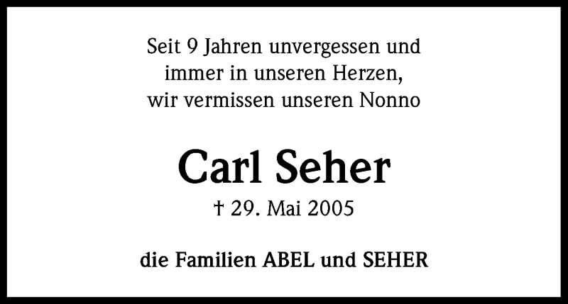  Traueranzeige für Carl Seher vom 29.05.2014 aus Kölner Stadt-Anzeiger / Kölnische Rundschau / Express