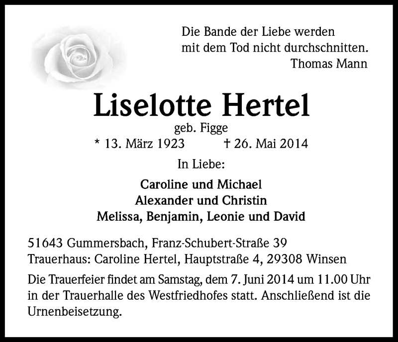  Traueranzeige für Liselotte Hertel vom 31.05.2014 aus Kölner Stadt-Anzeiger / Kölnische Rundschau / Express
