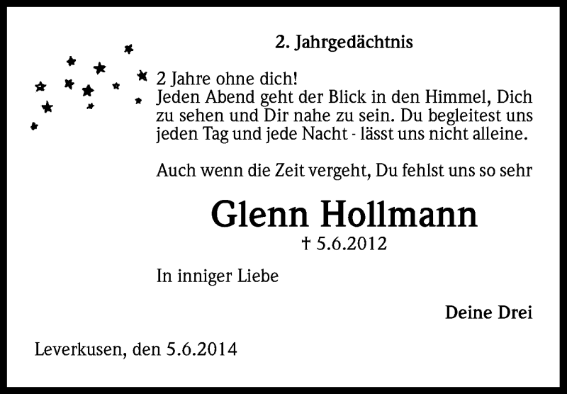  Traueranzeige für Glenn Hollmann vom 05.06.2014 aus Kölner Stadt-Anzeiger / Kölnische Rundschau / Express
