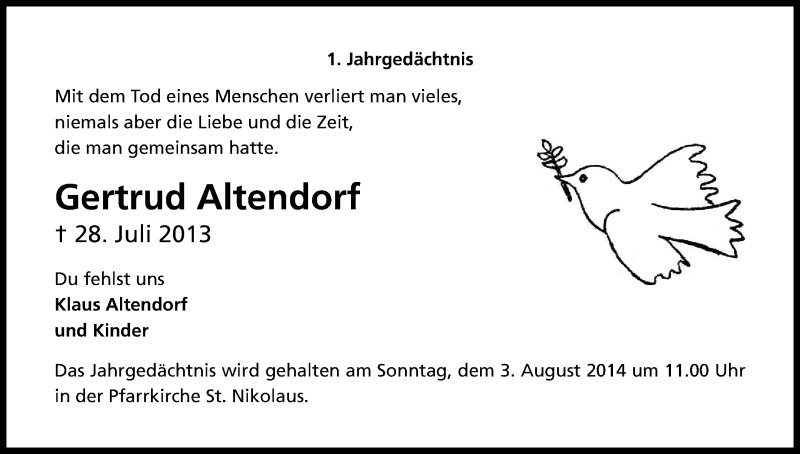  Traueranzeige für Gertrud Altendorf vom 28.07.2014 aus Kölner Stadt-Anzeiger / Kölnische Rundschau / Express