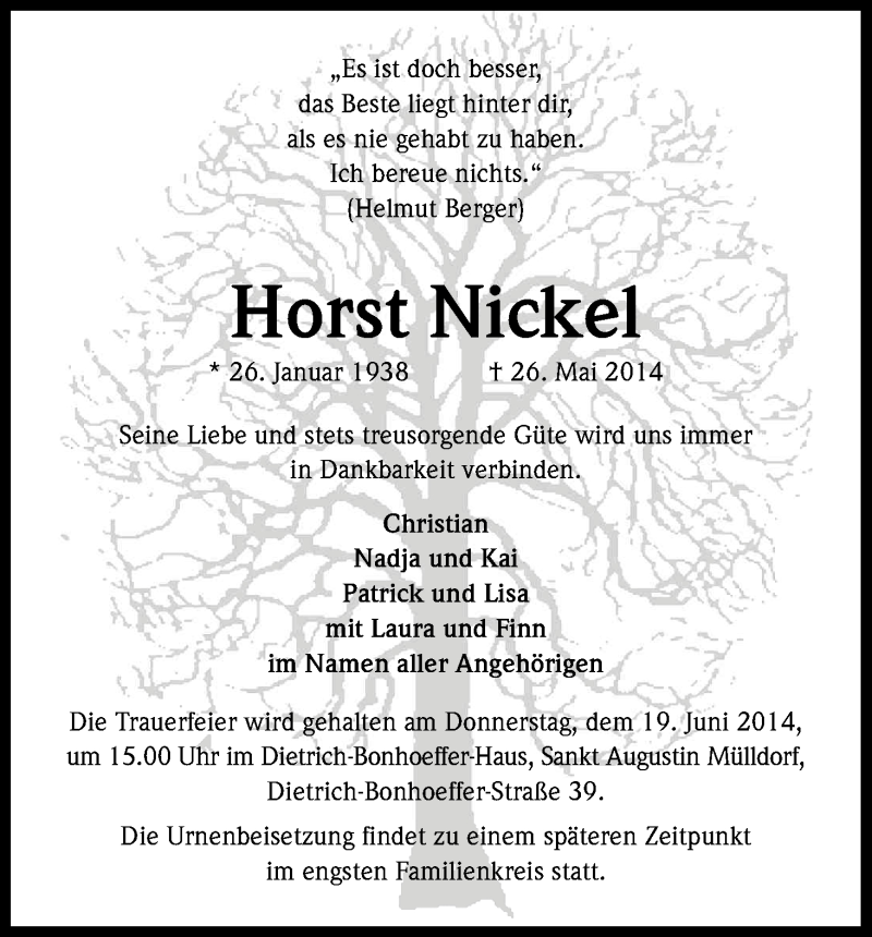  Traueranzeige für Horst Nickel vom 16.06.2014 aus Kölner Stadt-Anzeiger / Kölnische Rundschau / Express