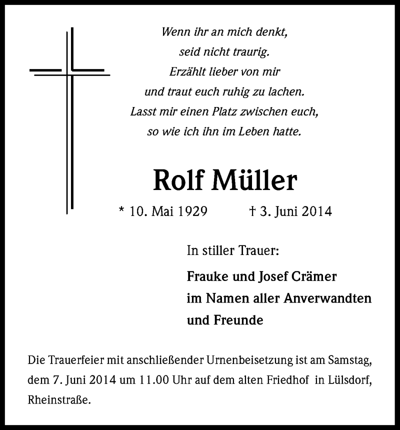  Traueranzeige für Rolf Müller vom 05.06.2014 aus Kölner Stadt-Anzeiger / Kölnische Rundschau / Express