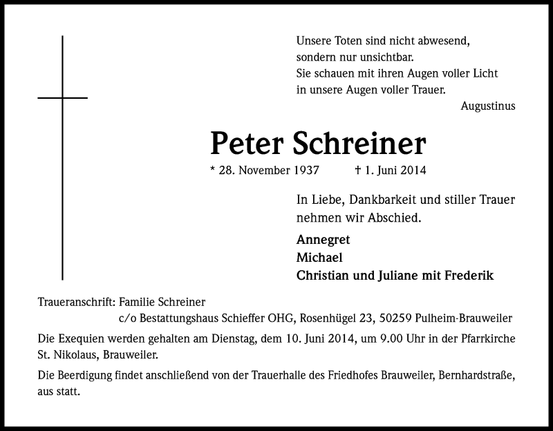  Traueranzeige für Peter Schreiner vom 07.06.2014 aus Kölner Stadt-Anzeiger / Kölnische Rundschau / Express
