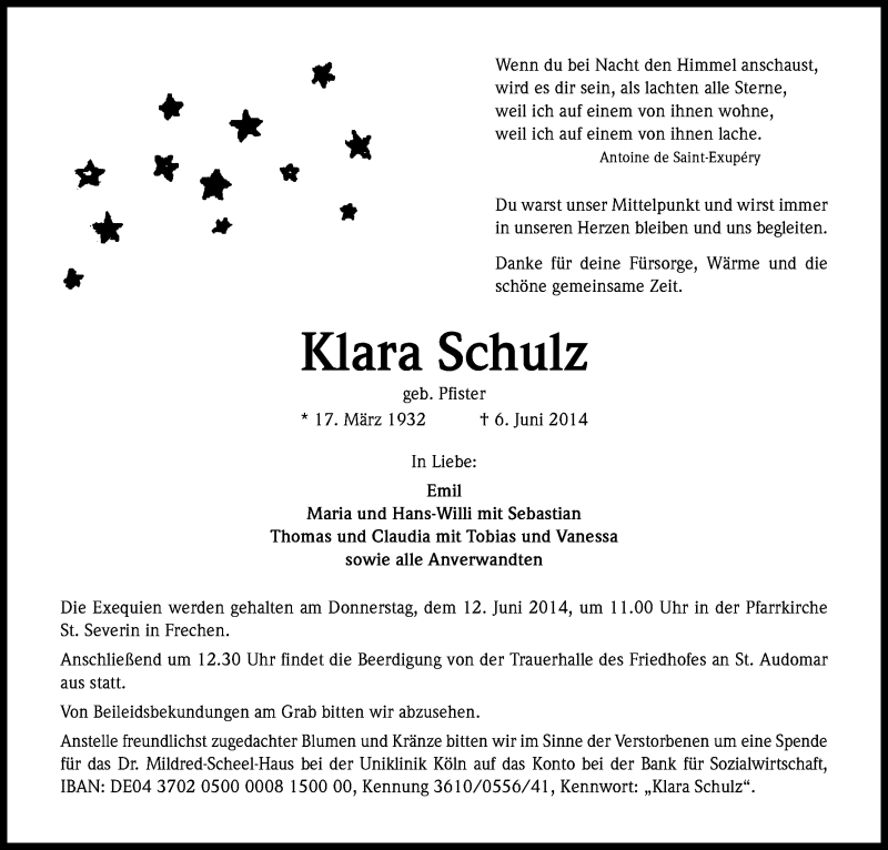  Traueranzeige für Klara Schulz vom 11.06.2014 aus Kölner Stadt-Anzeiger / Kölnische Rundschau / Express