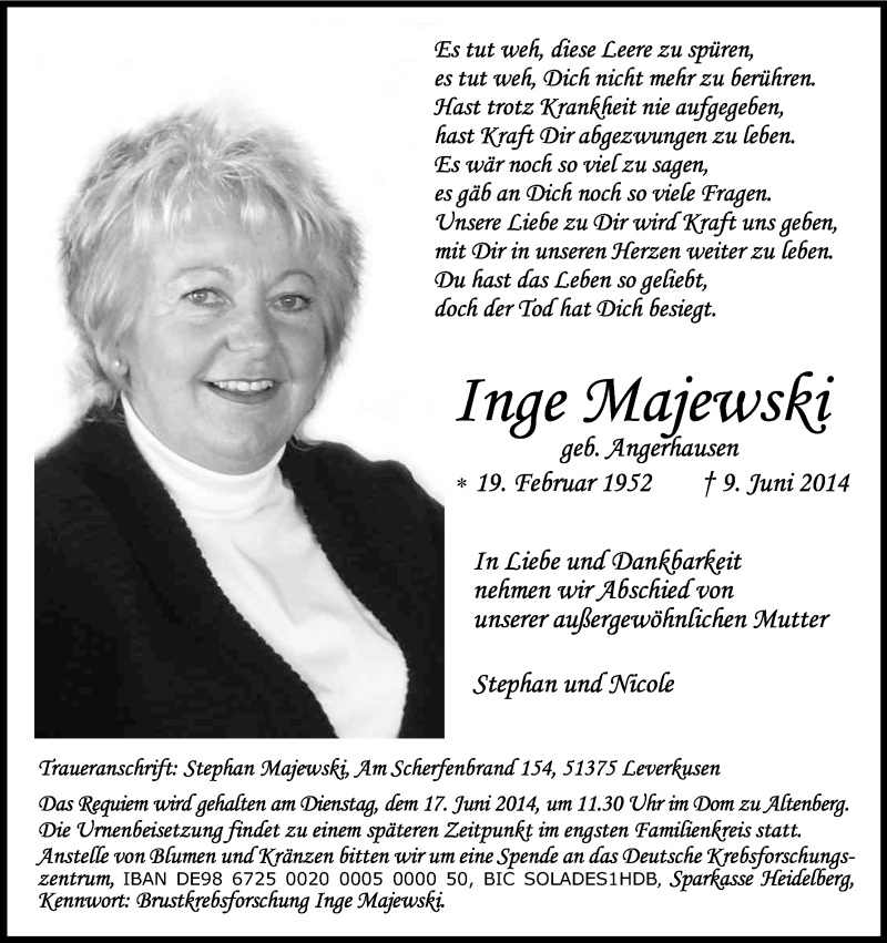 Traueranzeige für Inge Majewski vom 14.06.2014 aus Kölner Stadt-Anzeiger / Kölnische Rundschau / Express
