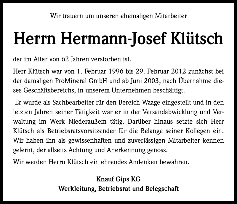  Traueranzeige für Hermann-Josef Klütsch vom 18.06.2014 aus Kölner Stadt-Anzeiger / Kölnische Rundschau / Express
