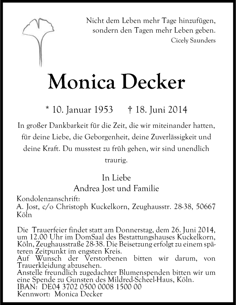  Traueranzeige für Monica Decker vom 24.06.2014 aus Kölner Stadt-Anzeiger / Kölnische Rundschau / Express