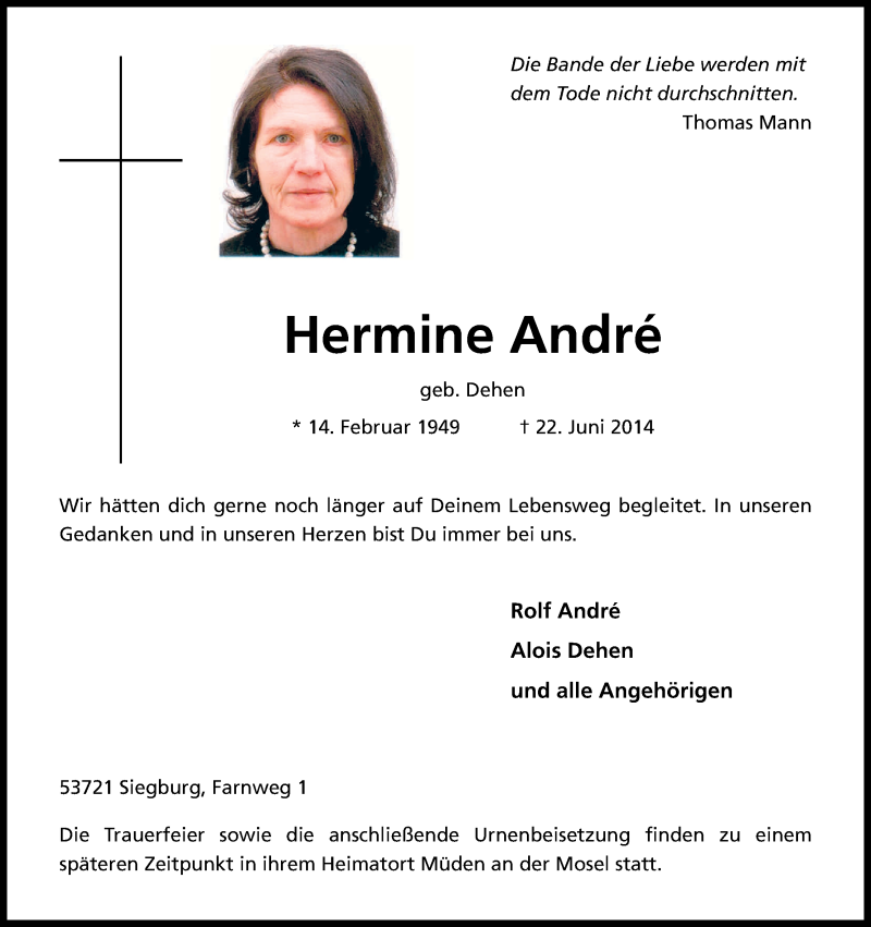  Traueranzeige für Hermine André vom 01.07.2014 aus Kölner Stadt-Anzeiger / Kölnische Rundschau / Express