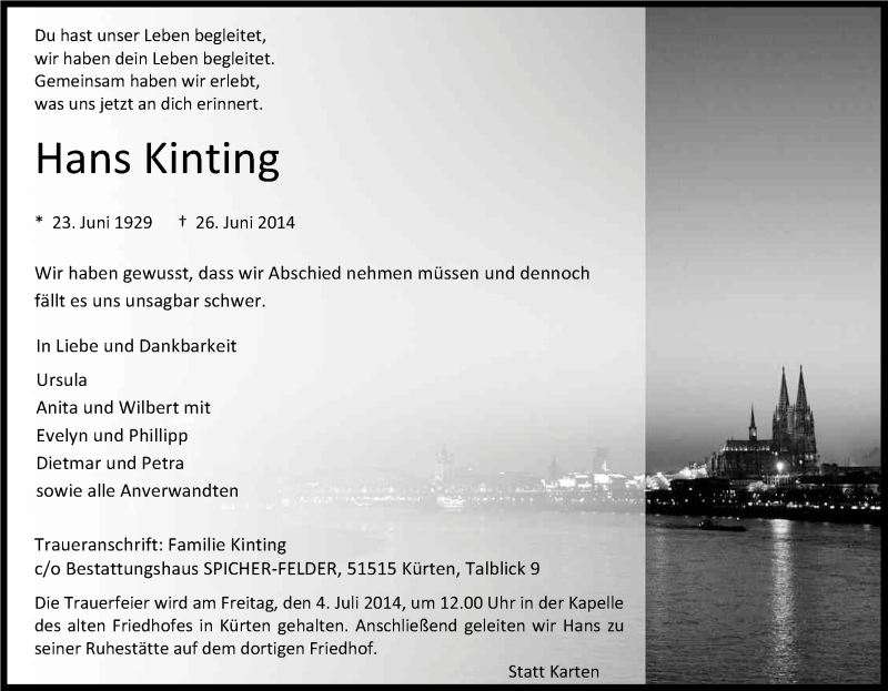 Traueranzeige für Hans Kinting vom 01.07.2014 aus Kölner Stadt-Anzeiger / Kölnische Rundschau / Express