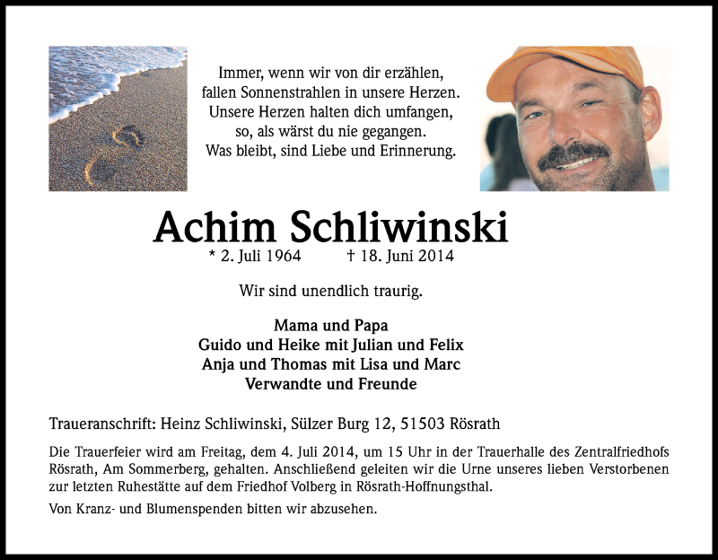  Traueranzeige für Achim Schliwinski vom 01.07.2014 aus Kölner Stadt-Anzeiger / Kölnische Rundschau / Express