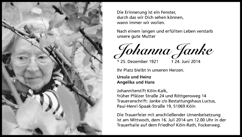  Traueranzeige für Johanna Janke vom 09.07.2014 aus Kölner Stadt-Anzeiger / Kölnische Rundschau / Express