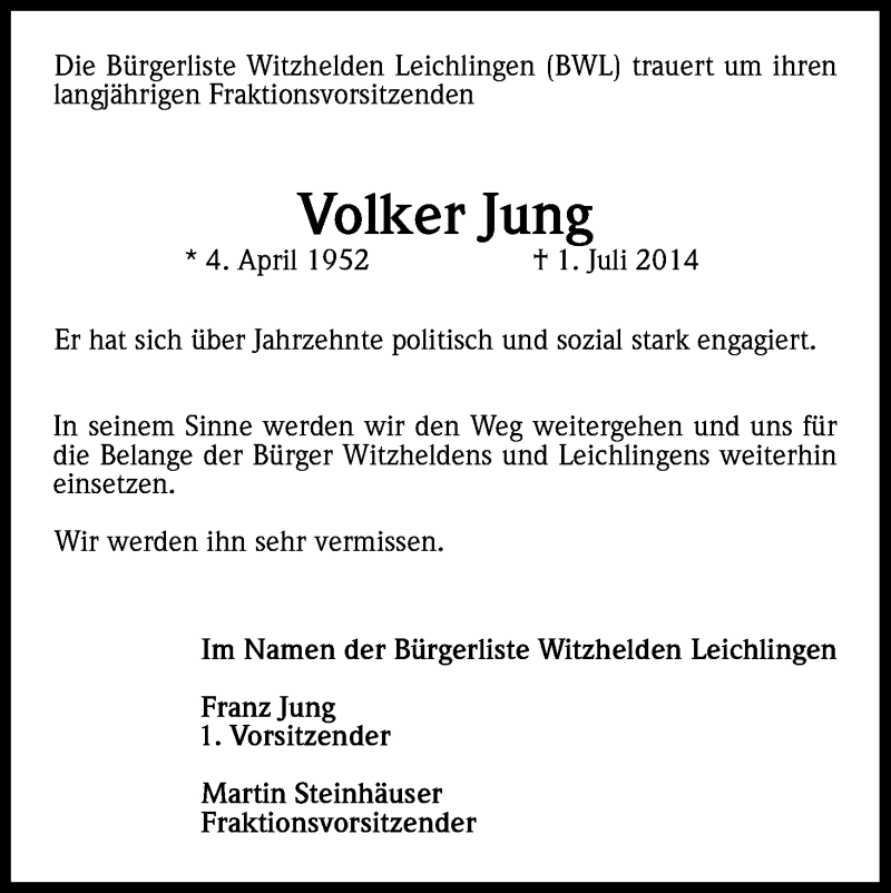  Traueranzeige für Volker Jung vom 08.07.2014 aus Kölner Stadt-Anzeiger / Kölnische Rundschau / Express