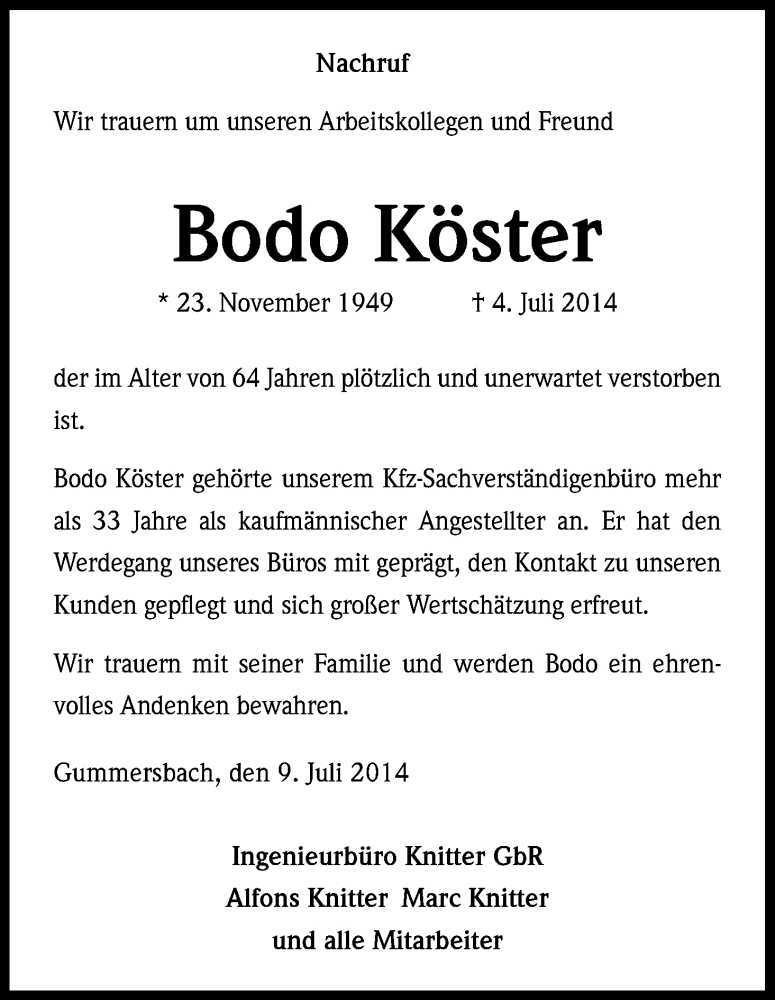  Traueranzeige für Bodo Köster vom 09.07.2014 aus Kölner Stadt-Anzeiger / Kölnische Rundschau / Express
